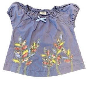 Mini Boden Little Girls, Blue, Puff Sleeves Top, Gingham embroidery, size 4-5